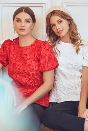 Nohemi Embossed Floral Puff Sleeve Peplum Top