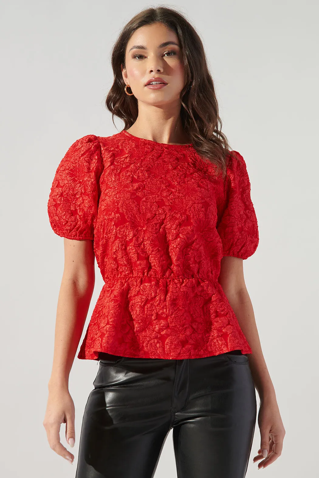 Nohemi Embossed Floral Puff Sleeve Peplum Top