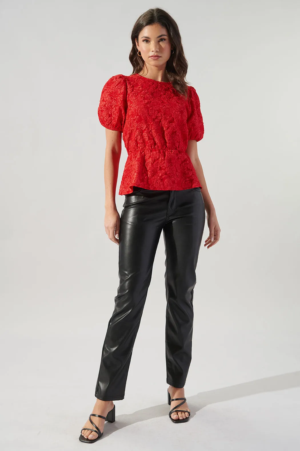 Nohemi Embossed Floral Puff Sleeve Peplum Top