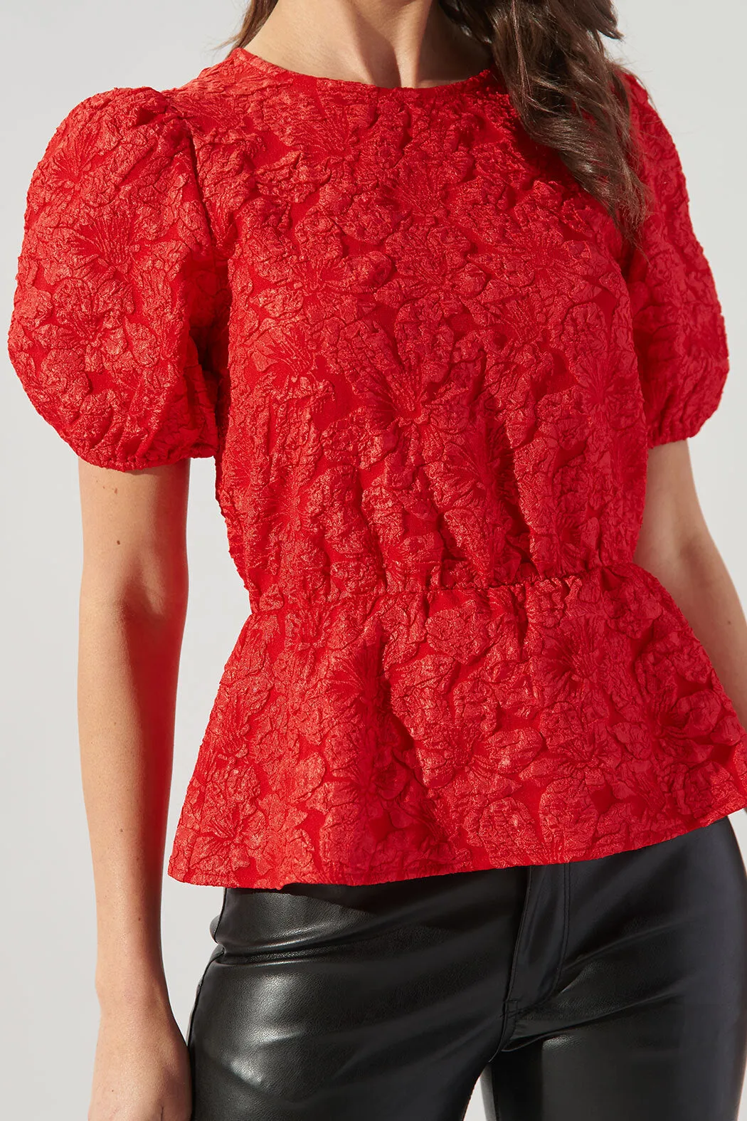 Nohemi Embossed Floral Puff Sleeve Peplum Top