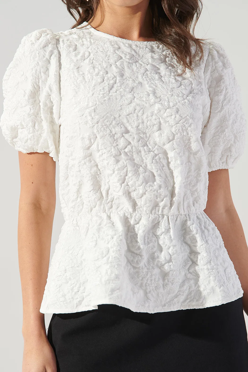 Nohemi Embossed Floral Puff Sleeve Peplum Top