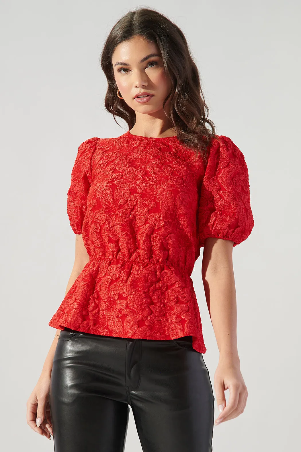 Nohemi Embossed Floral Puff Sleeve Peplum Top