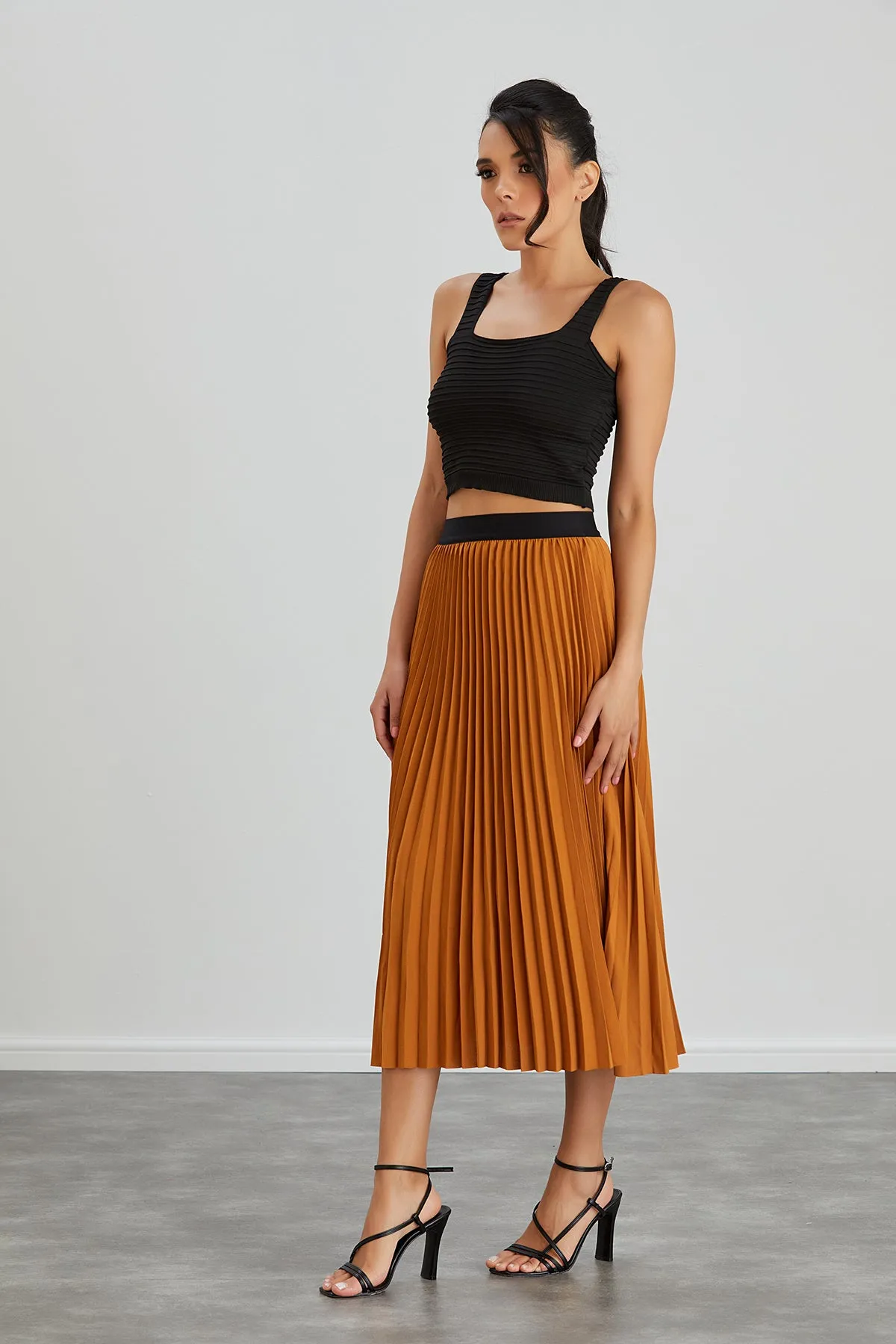 Pleated Midi Skirt in Orange