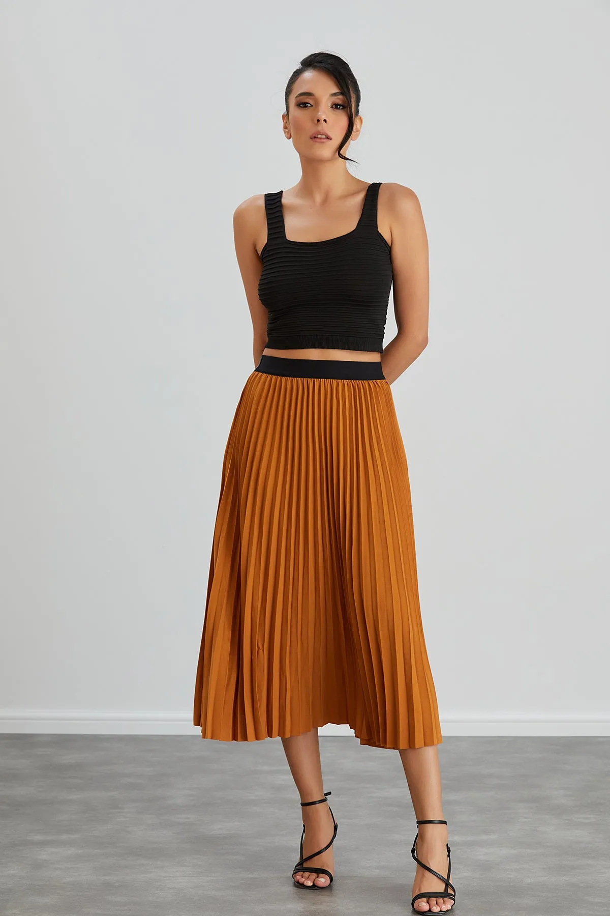 Pleated Midi Skirt in Orange