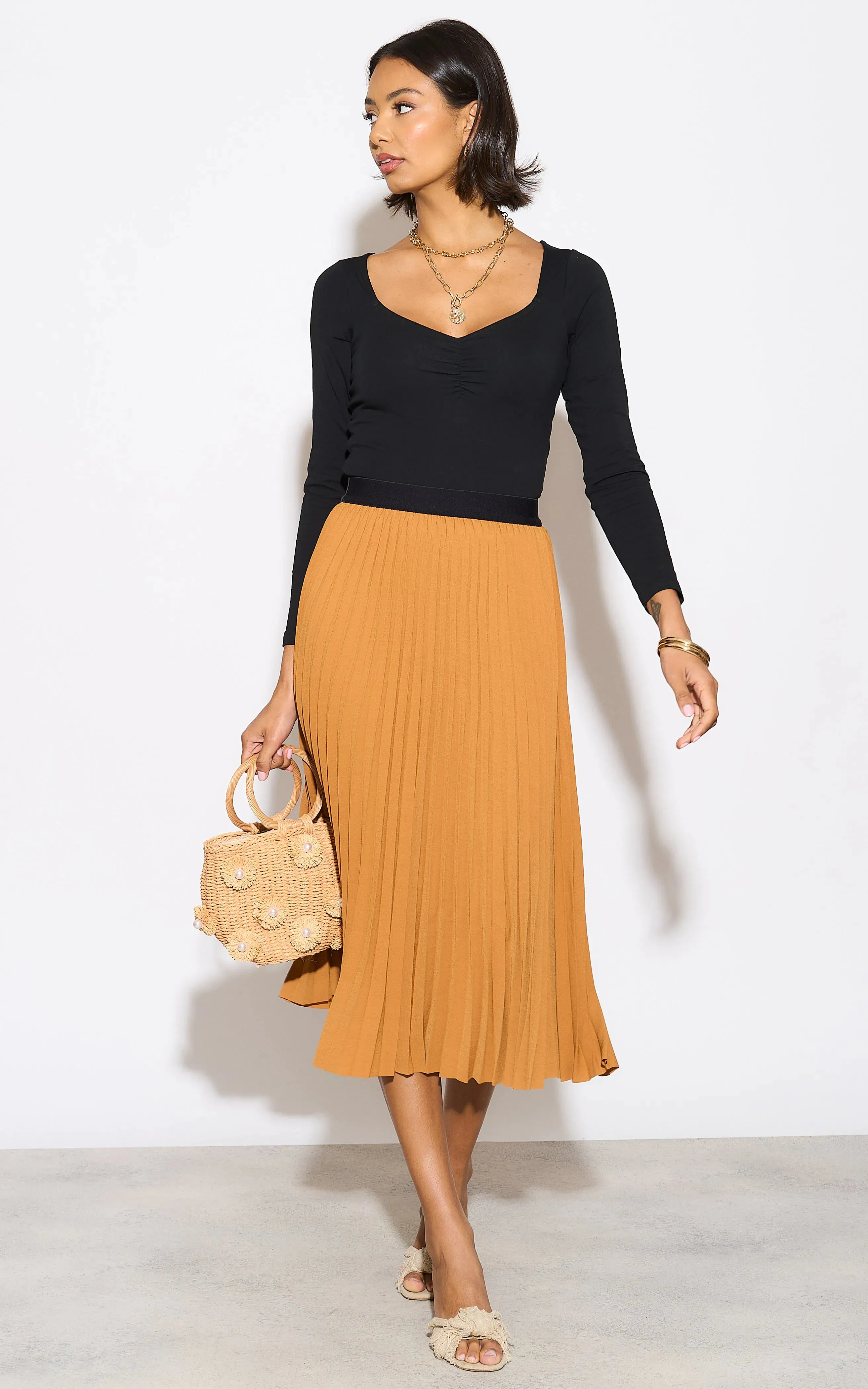 Pleated Midi Skirt in Orange
