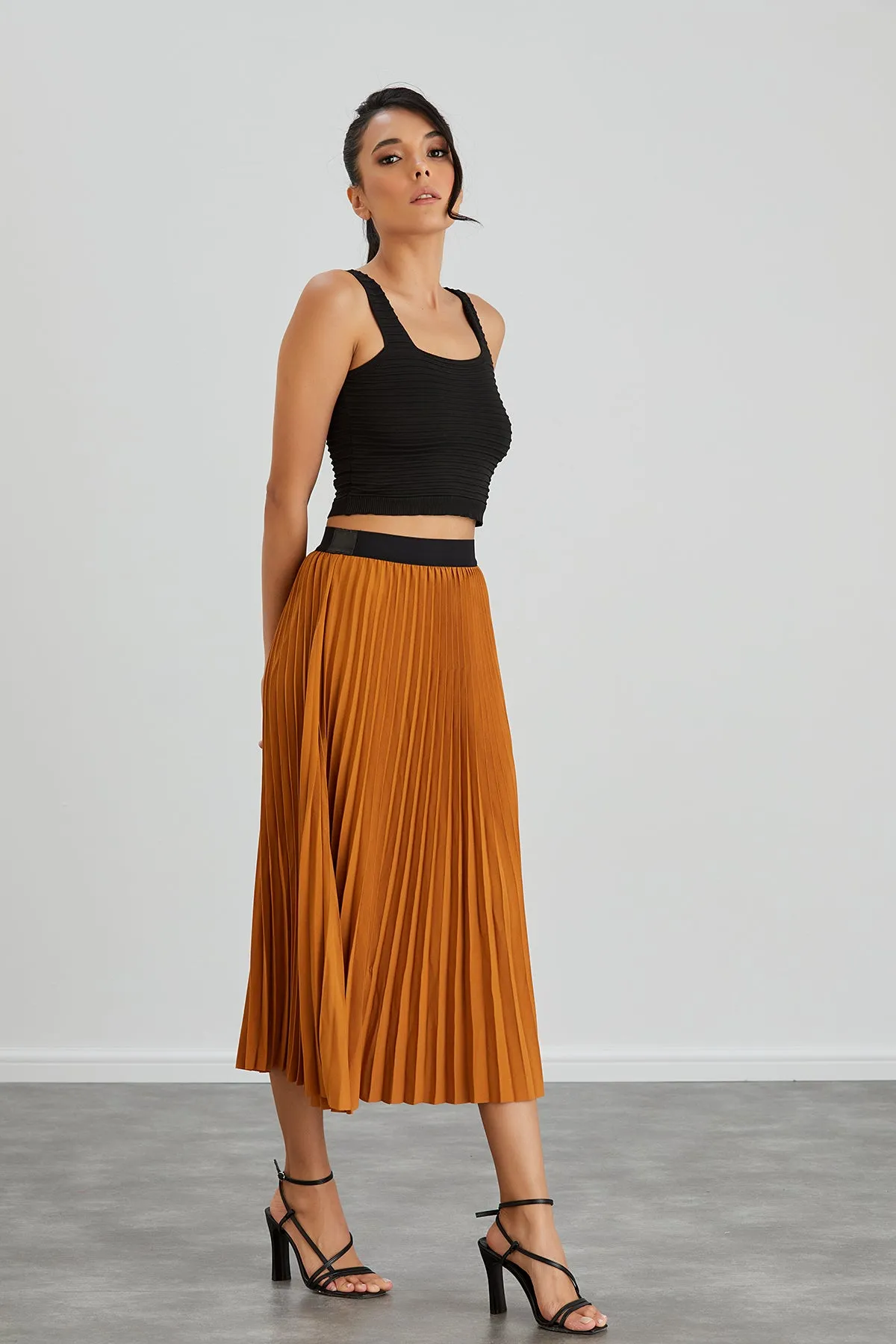 Pleated Midi Skirt in Orange