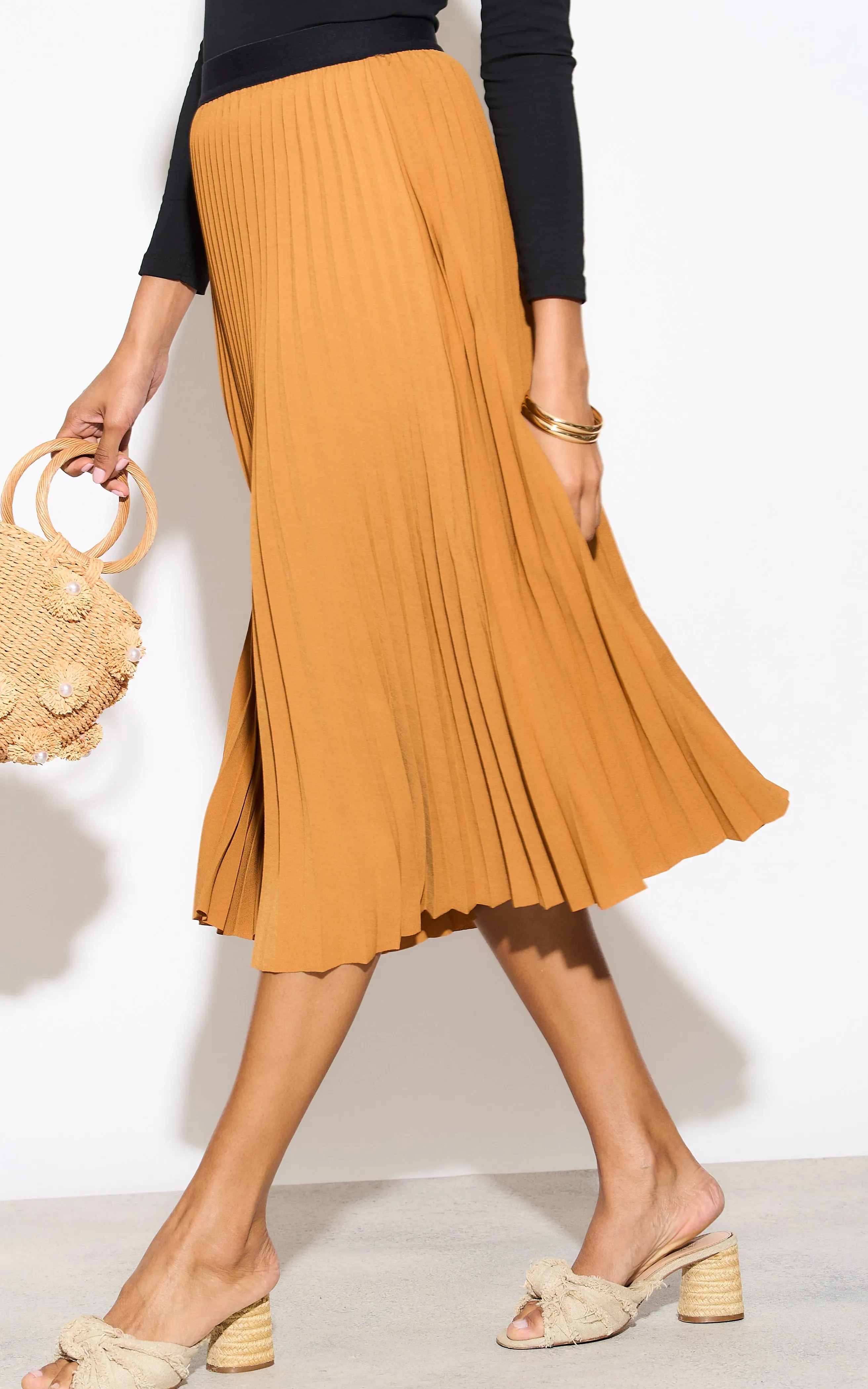 Pleated Midi Skirt in Orange