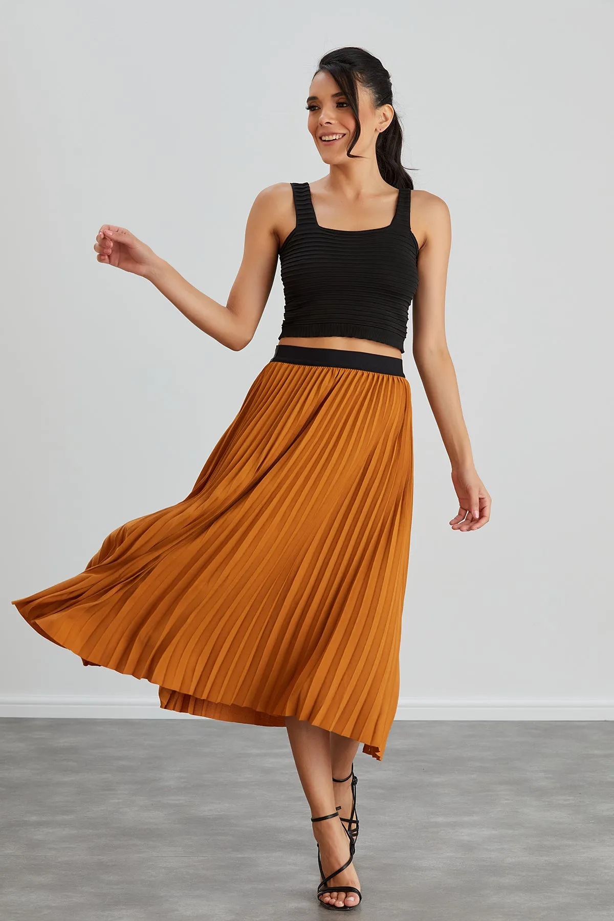 Pleated Midi Skirt in Orange