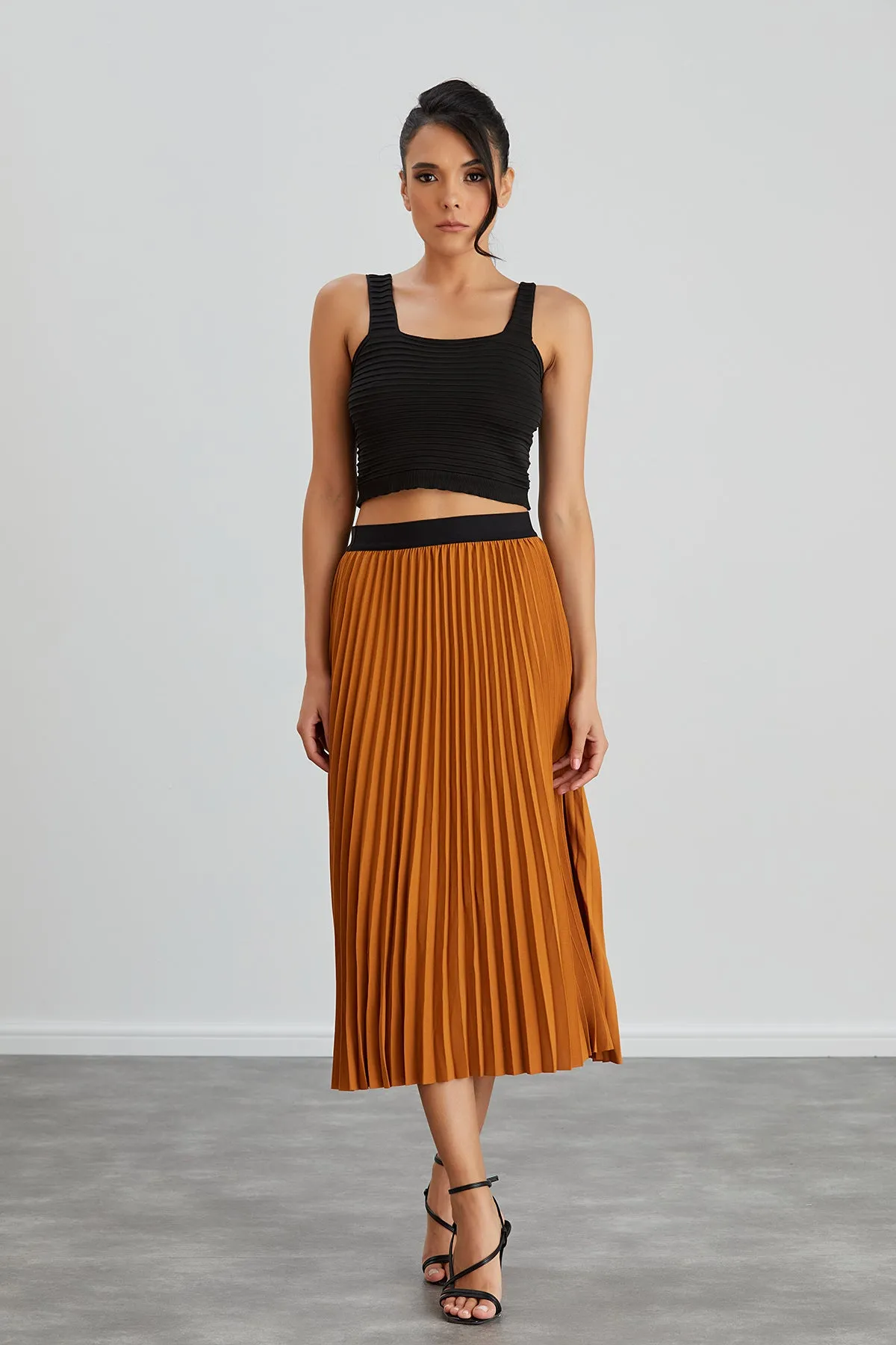 Pleated Midi Skirt in Orange