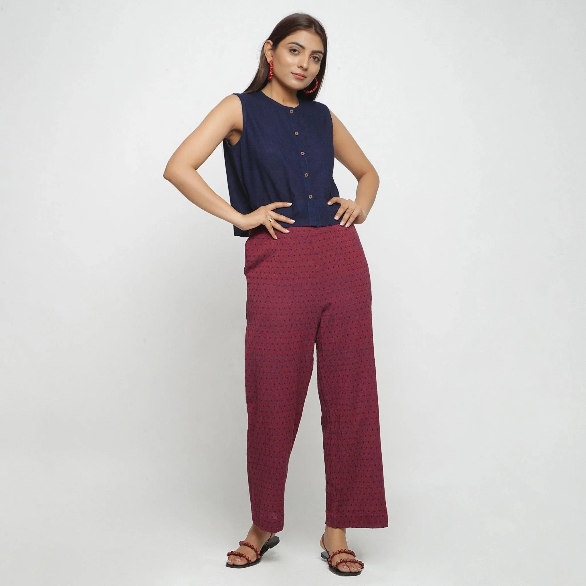 Red Polka Dot Block Print Mid-Rise Cotton Pant