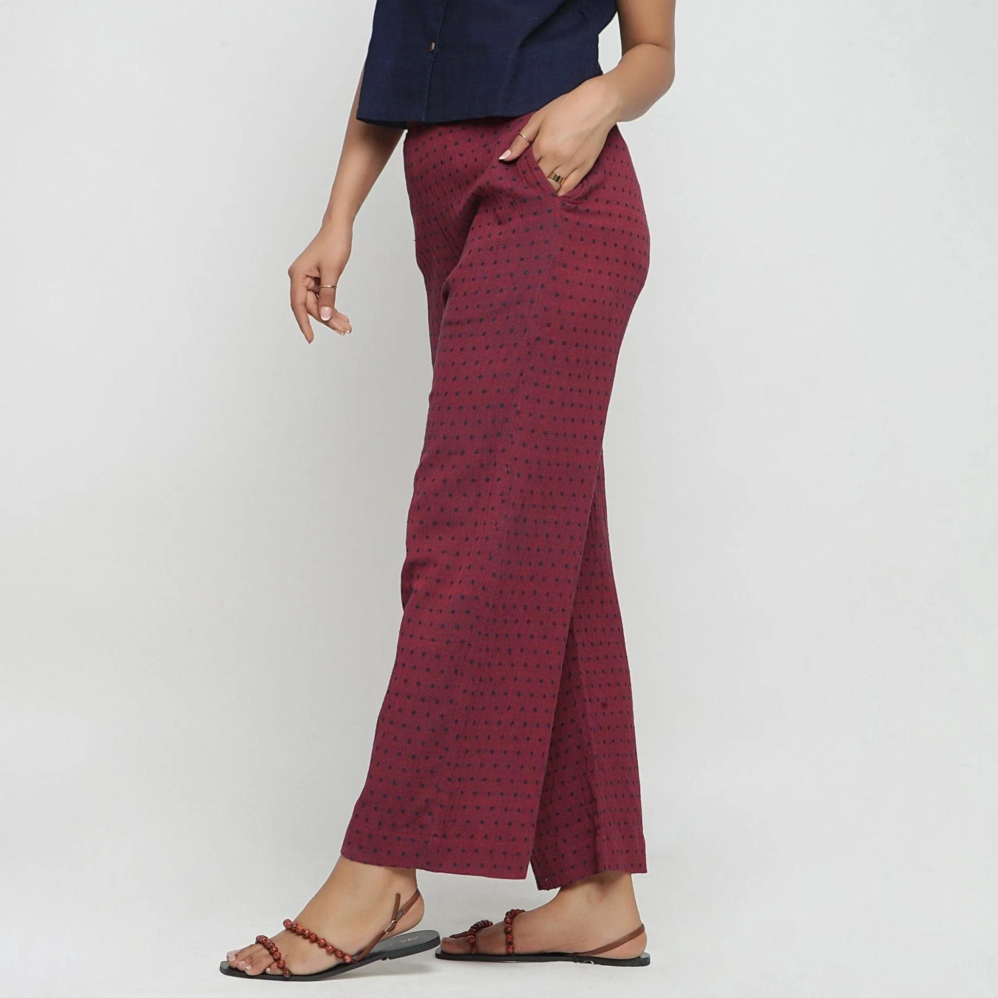 Red Polka Dot Block Print Mid-Rise Cotton Pant