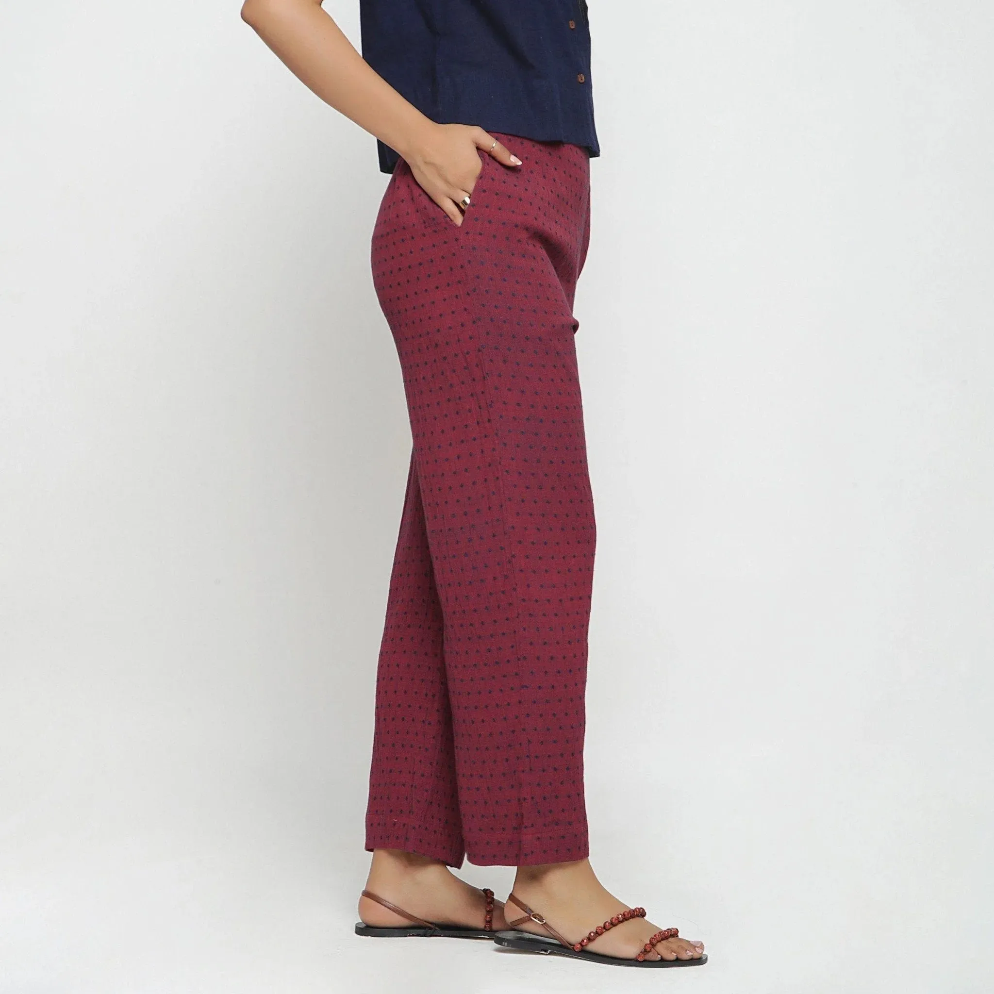 Red Polka Dot Block Print Mid-Rise Cotton Pant