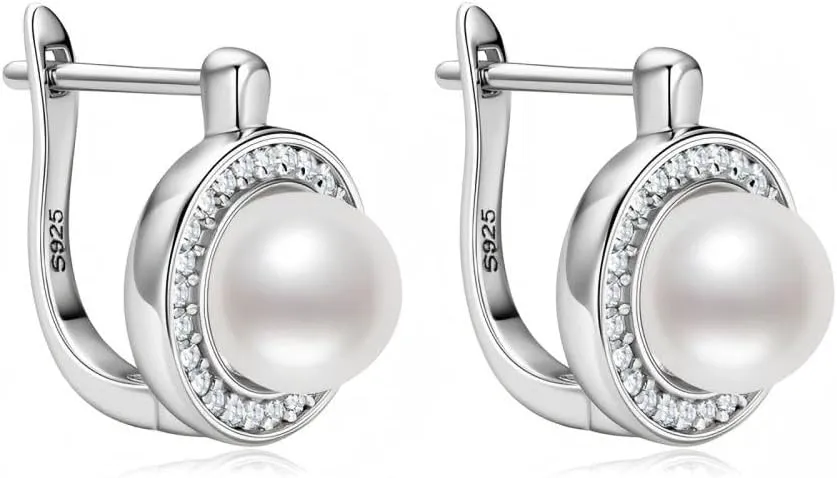 Round Pearl Earrings S925 Sterling Silver Moissan Silver Gemstone Earrings (7mm)