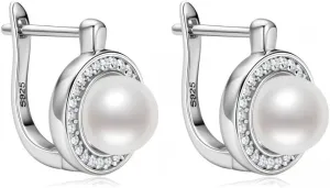 Round Pearl Earrings S925 Sterling Silver Moissan Silver Gemstone Earrings (7mm)