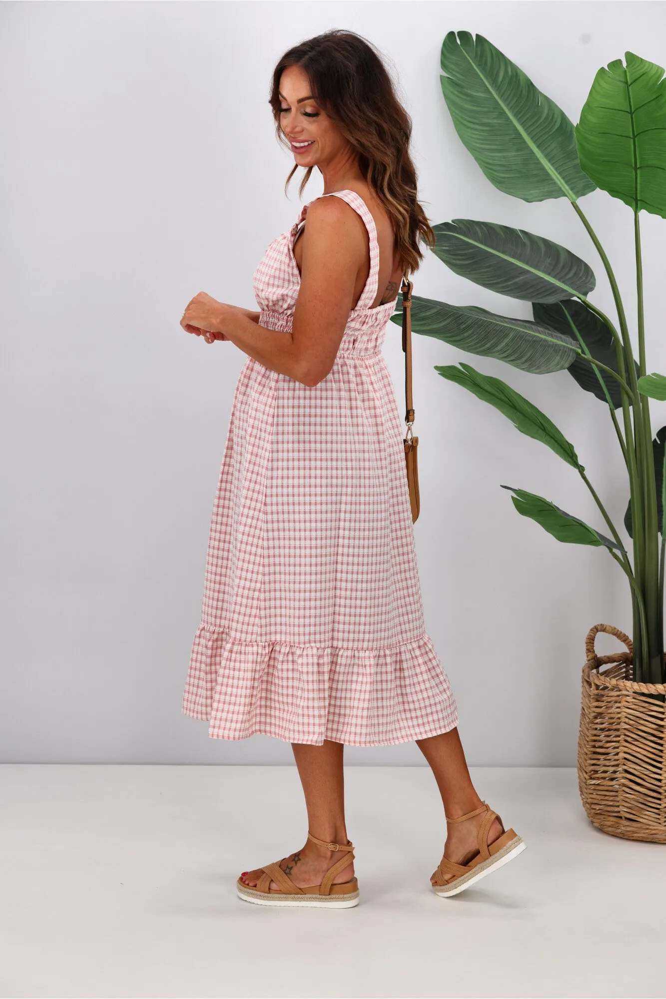 Shine On Label Arielle Checked Frilled Hem Dress Rose White