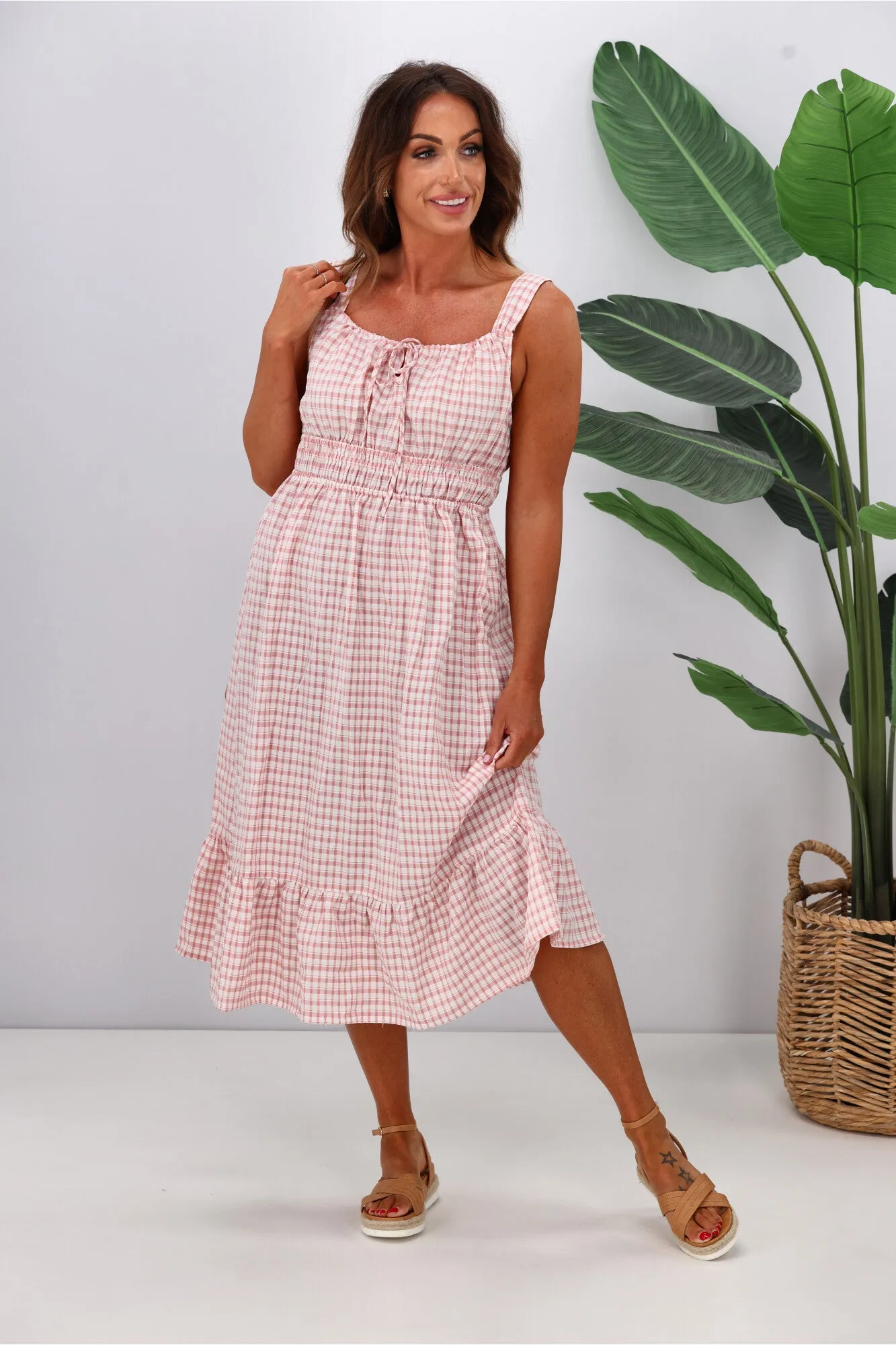 Shine On Label Arielle Checked Frilled Hem Dress Rose White
