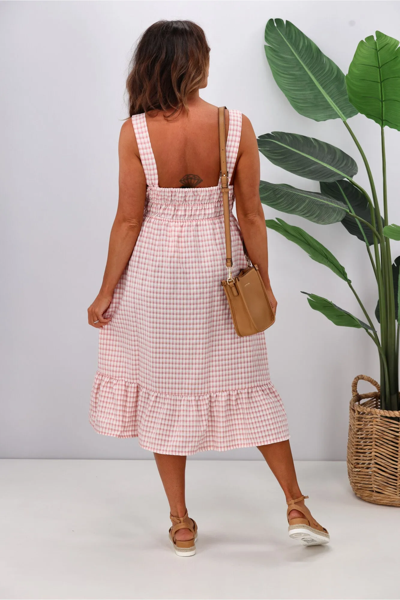 Shine On Label Arielle Checked Frilled Hem Dress Rose White