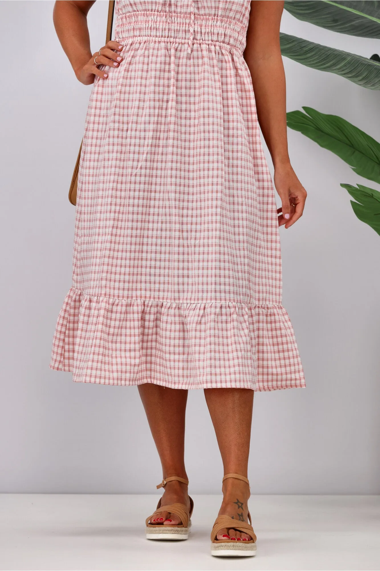 Shine On Label Arielle Checked Frilled Hem Dress Rose White