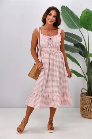 Shine On Label Arielle Checked Frilled Hem Dress Rose White