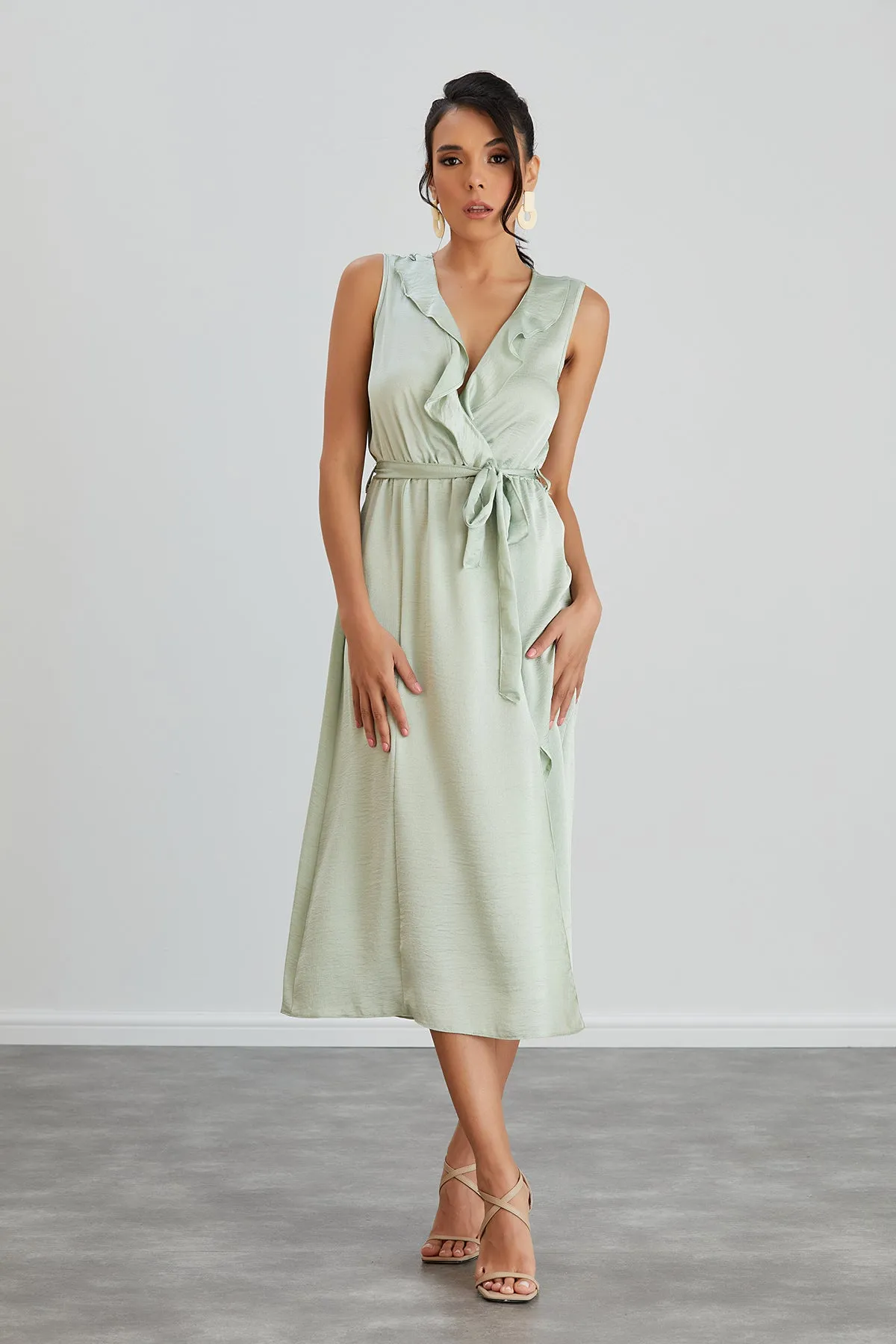 Sleeveless Frill Wrap Midi Dress with Leg Slit in Mint Green