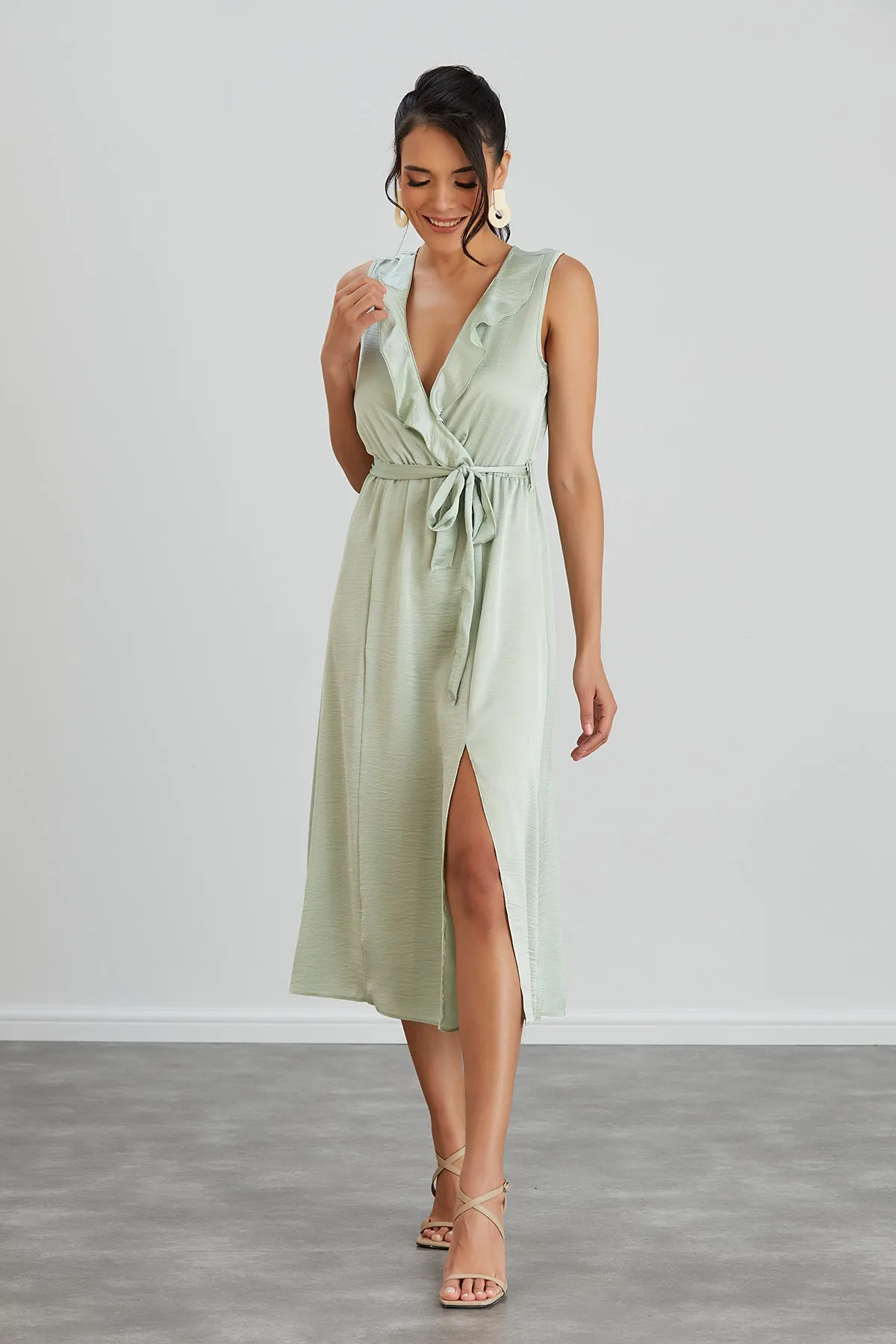 Sleeveless Frill Wrap Midi Dress with Leg Slit in Mint Green