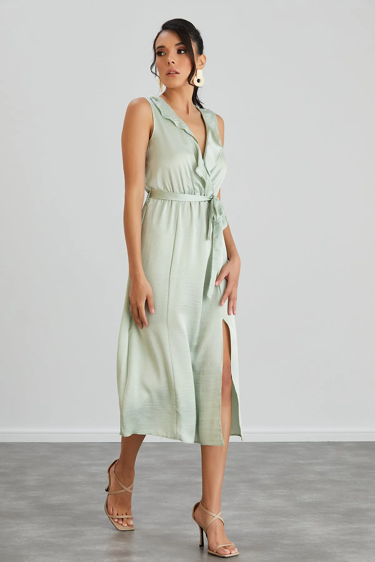 Sleeveless Frill Wrap Midi Dress with Leg Slit in Mint Green