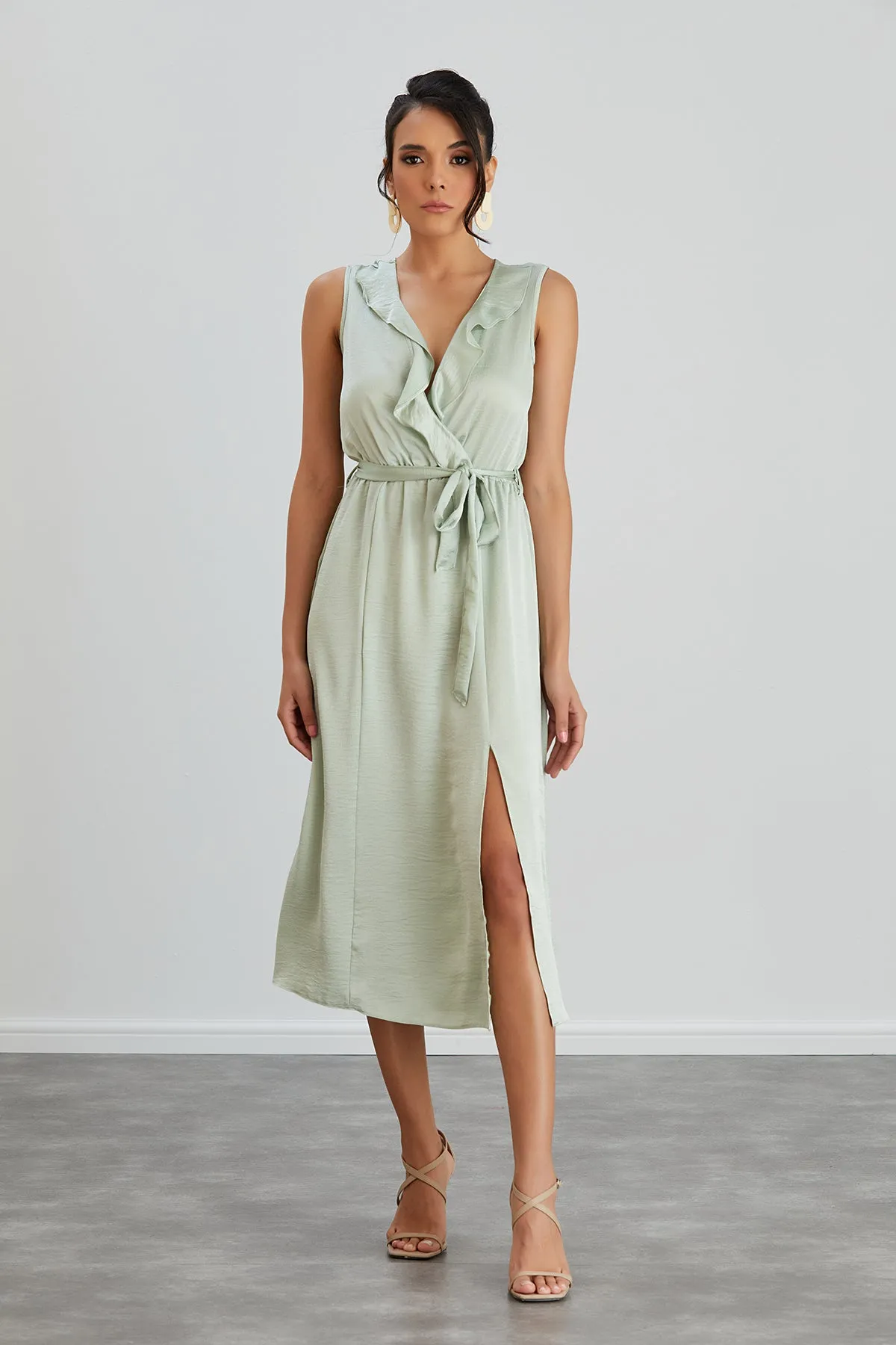 Sleeveless Frill Wrap Midi Dress with Leg Slit in Mint Green
