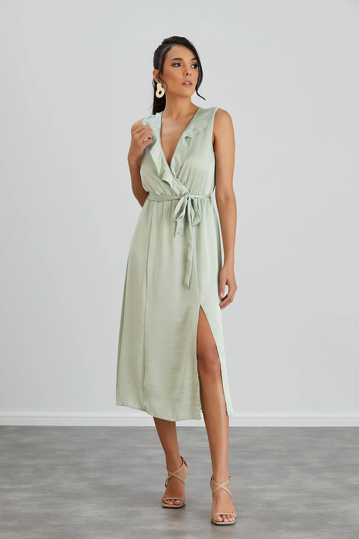 Sleeveless Frill Wrap Midi Dress with Leg Slit in Mint Green