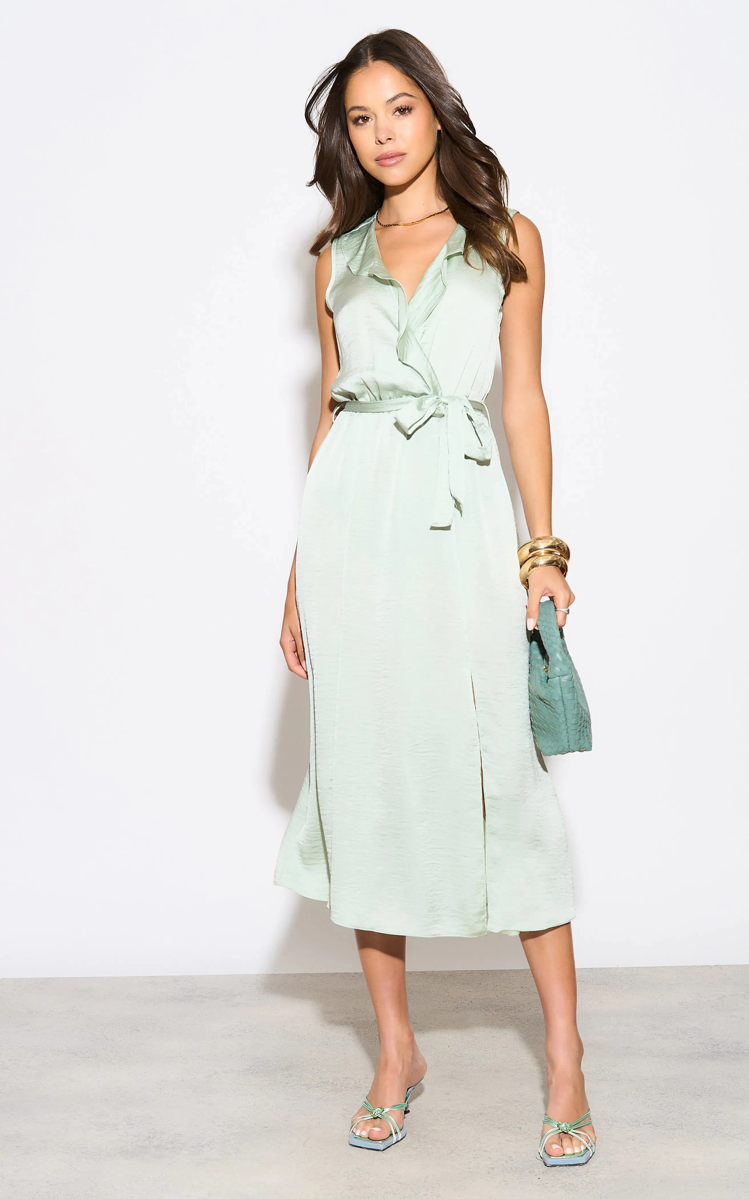 Sleeveless Frill Wrap Midi Dress with Leg Slit in Mint Green