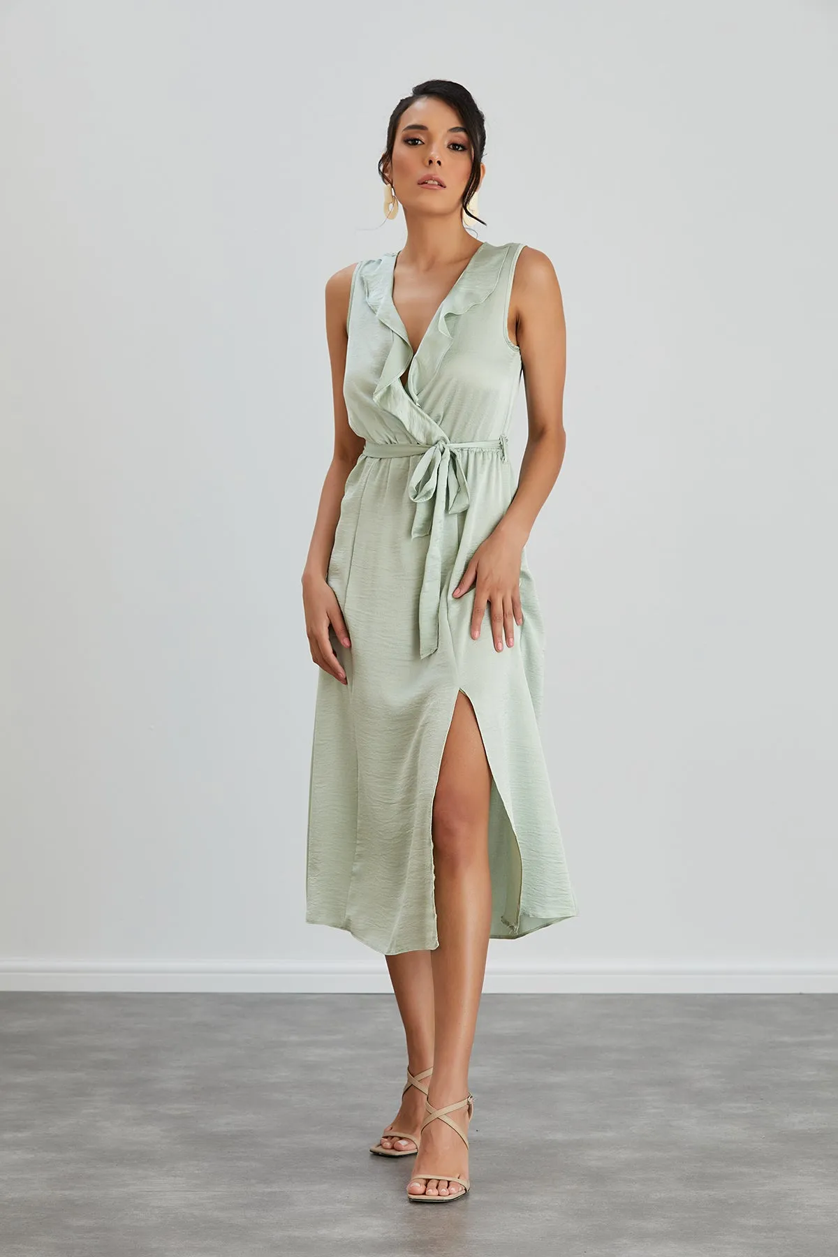 Sleeveless Frill Wrap Midi Dress with Leg Slit in Mint Green