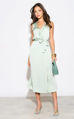 Sleeveless Frill Wrap Midi Dress with Leg Slit in Mint Green