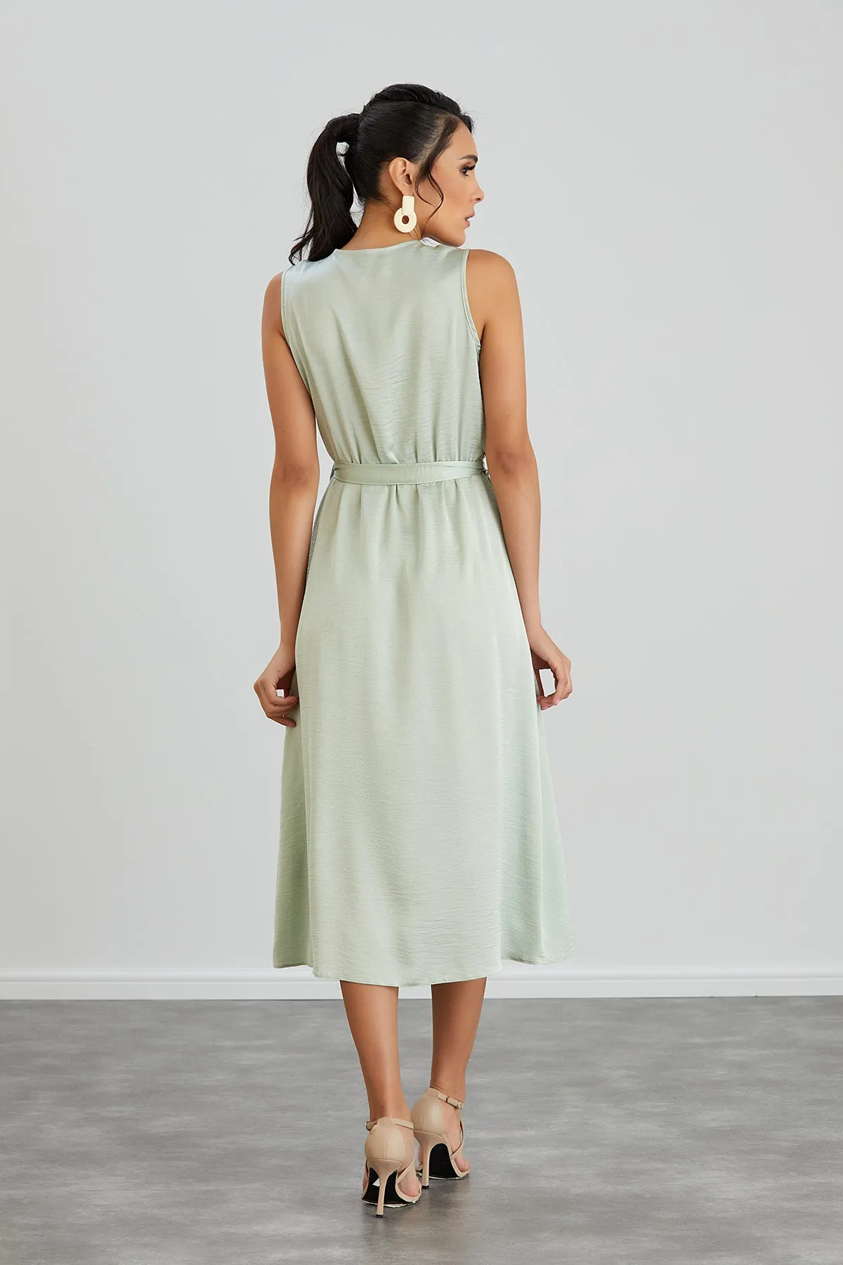 Sleeveless Frill Wrap Midi Dress with Leg Slit in Mint Green