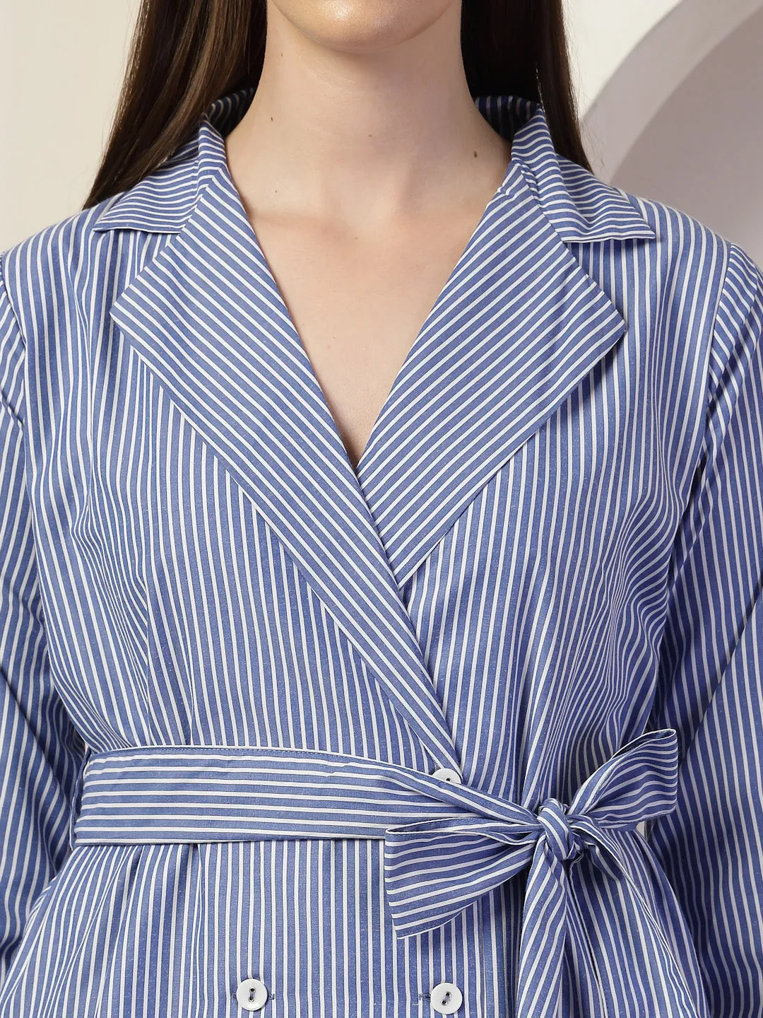 Style Quotient Women Blue And White Stripe Polycotton Double Breasted Polycotton Blazer Dress