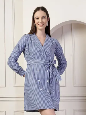 Style Quotient Women Blue And White Stripe Polycotton Double Breasted Polycotton Blazer Dress