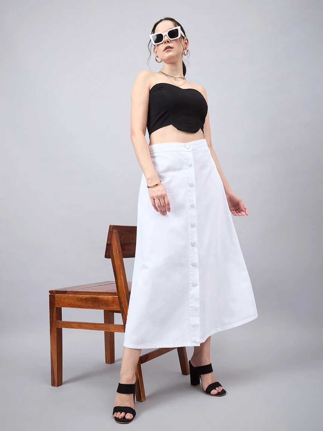 Style Quotient Women White A-Line Maxi Denim Skirt