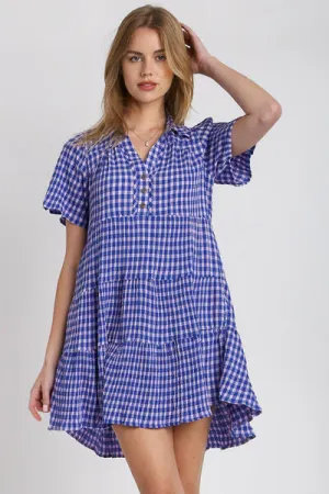 Umgee Gingham Tiered Button Detail Short Sleeve Dress