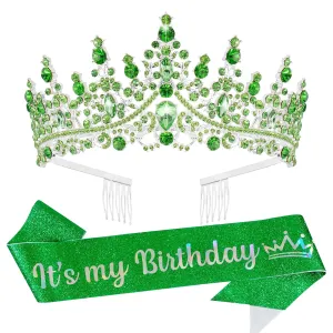 VELSCRUN Green Crystal Birthday Tiara Crowns for Women Girls It's My Birthday Sash Queen Girls Princess Crown with Combs Happy Birth Party Decorations Mom Sisters Birth Gift Hair Accessories
