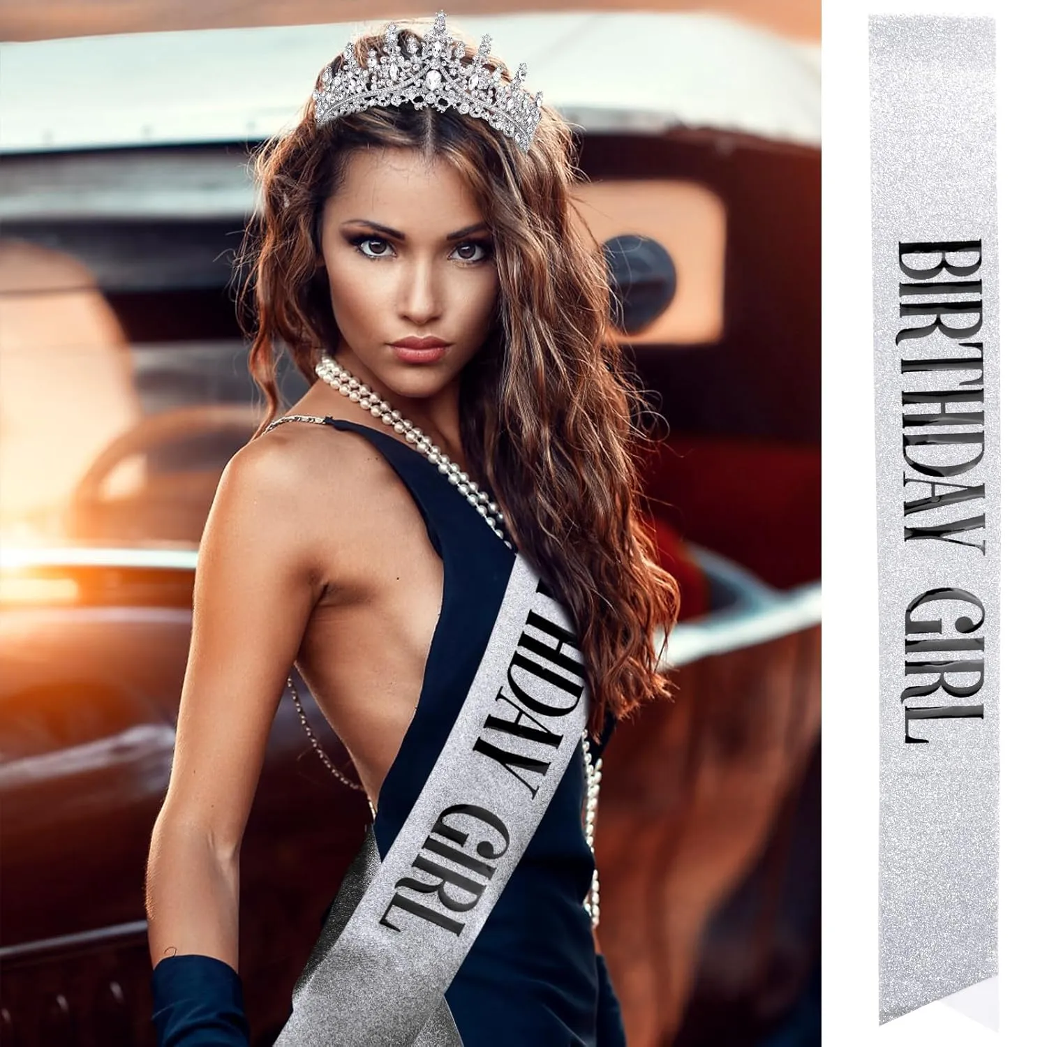 Velscrun Silver Birthday Tiara Crowns for Women Girls Elegant Princess Crown with Combs Birthday Girl Headband Sash Happy Birth Party Decorations Birth Gift Cake Topper Hair Accessories
