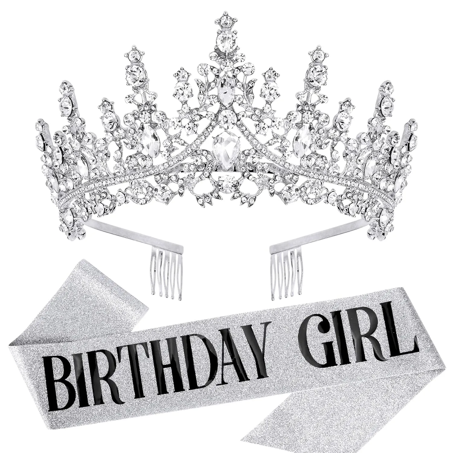 Velscrun Silver Birthday Tiara Crowns for Women Girls Elegant Princess Crown with Combs Birthday Girl Headband Sash Happy Birth Party Decorations Birth Gift Cake Topper Hair Accessories