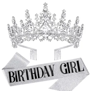 Velscrun Silver Birthday Tiara Crowns for Women Girls Elegant Princess Crown with Combs Birthday Girl Headband Sash Happy Birth Party Decorations Birth Gift Cake Topper Hair Accessories