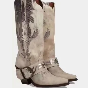 Vintage-Inspired Western Boots with Metallic Embossed Details – High Heel Cowgirl Boots for Women