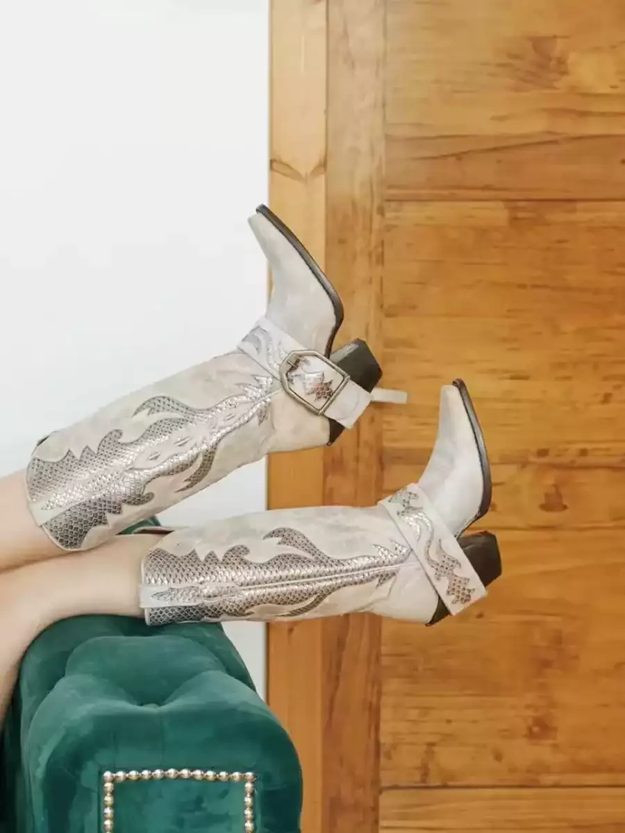 Vintage-Inspired Western Boots with Metallic Embossed Details – High Heel Cowgirl Boots for Women