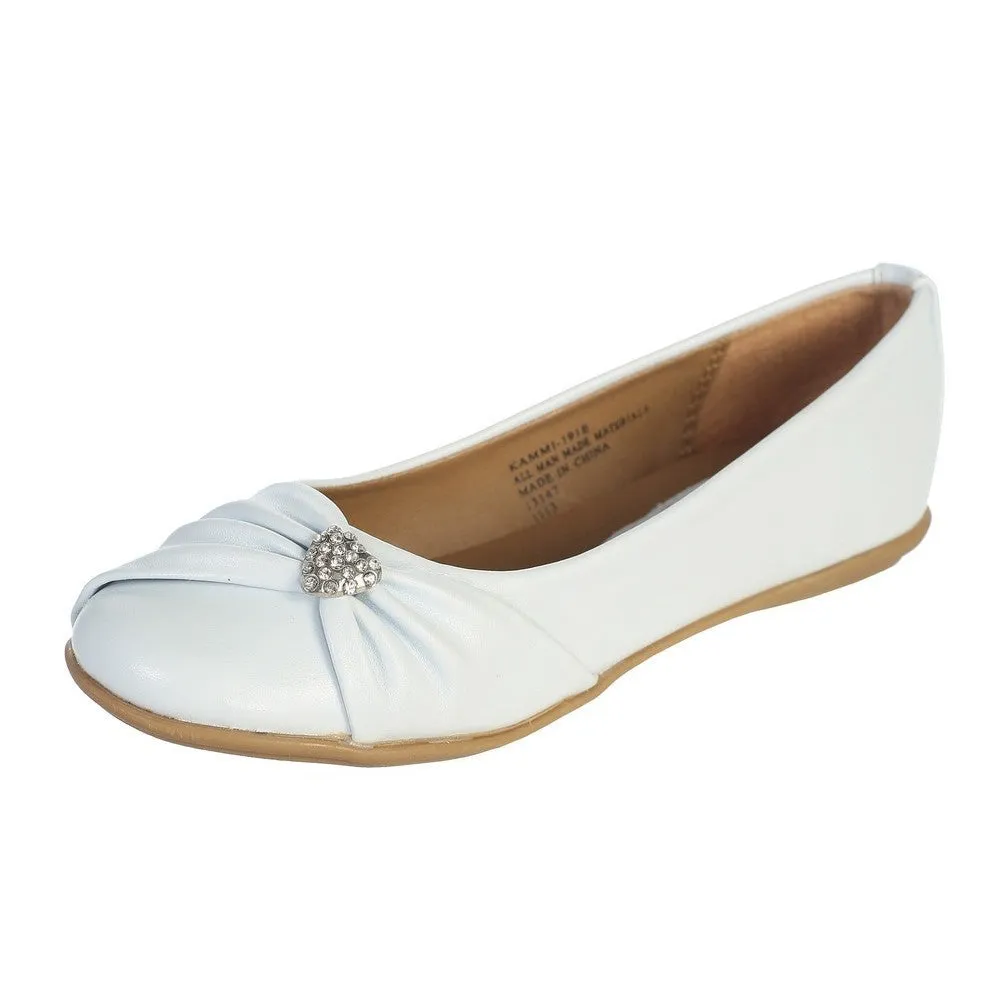 White Rhinestone Heart Girls Flat Dress Shoes 5 Toddler-4 Kids
