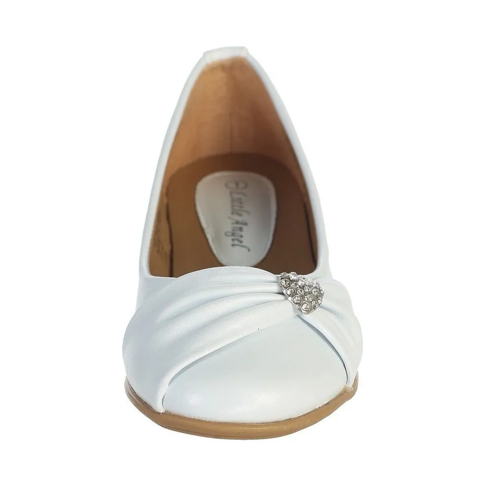 White Rhinestone Heart Girls Flat Dress Shoes 5 Toddler-4 Kids