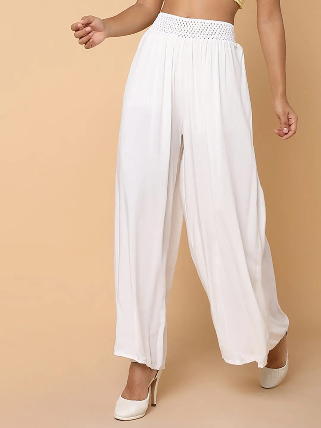 Women White Cotton Comfort Loose Fit Trousers