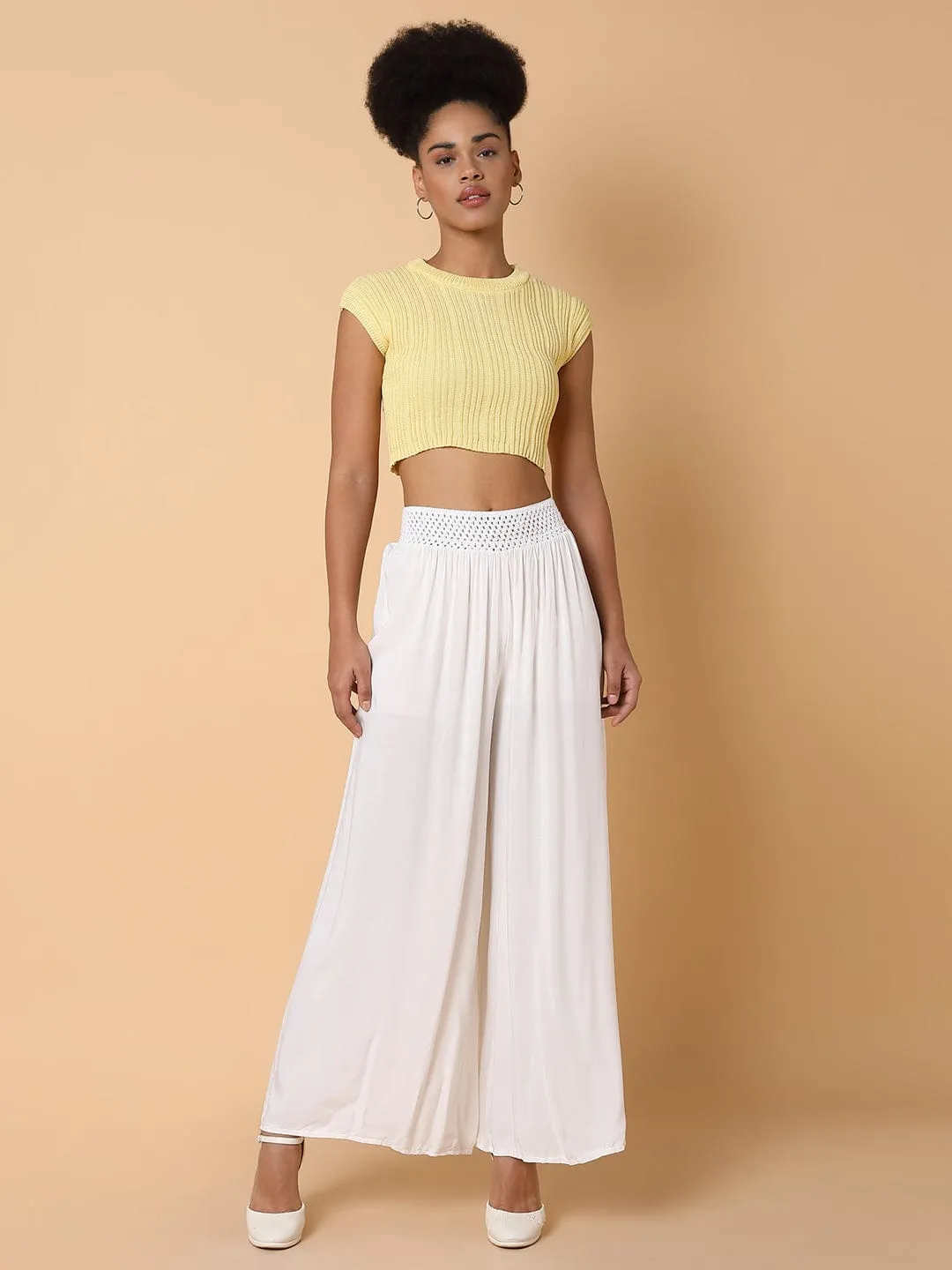 Women White Cotton Comfort Loose Fit Trousers