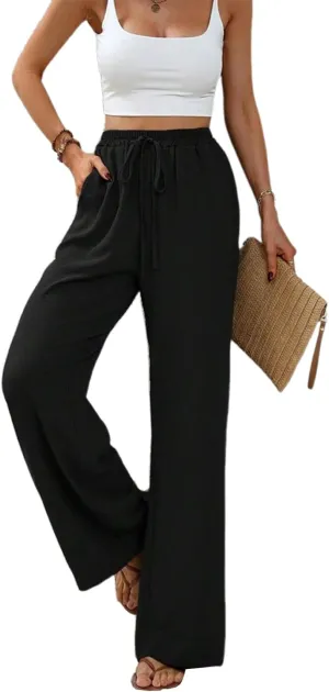 Women's Army Green Wide Leg Pants High Waist Drawstring Loose Fit Long Trousers with Pockets Casual Summer Beachwear