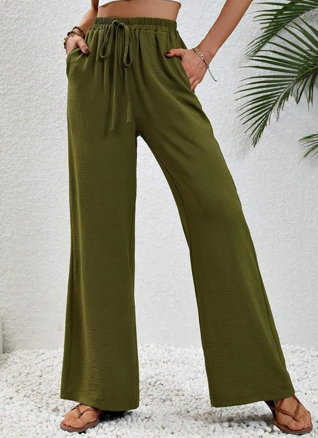 Women's Army Green Wide Leg Pants High Waist Drawstring Loose Fit Long Trousers with Pockets Casual Summer Beachwear