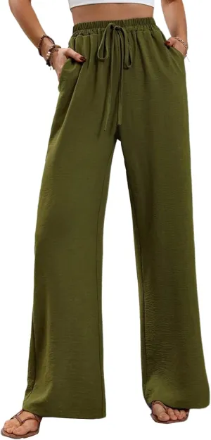 Women's Army Green Wide Leg Pants High Waist Drawstring Loose Fit Long Trousers with Pockets Casual Summer Beachwear