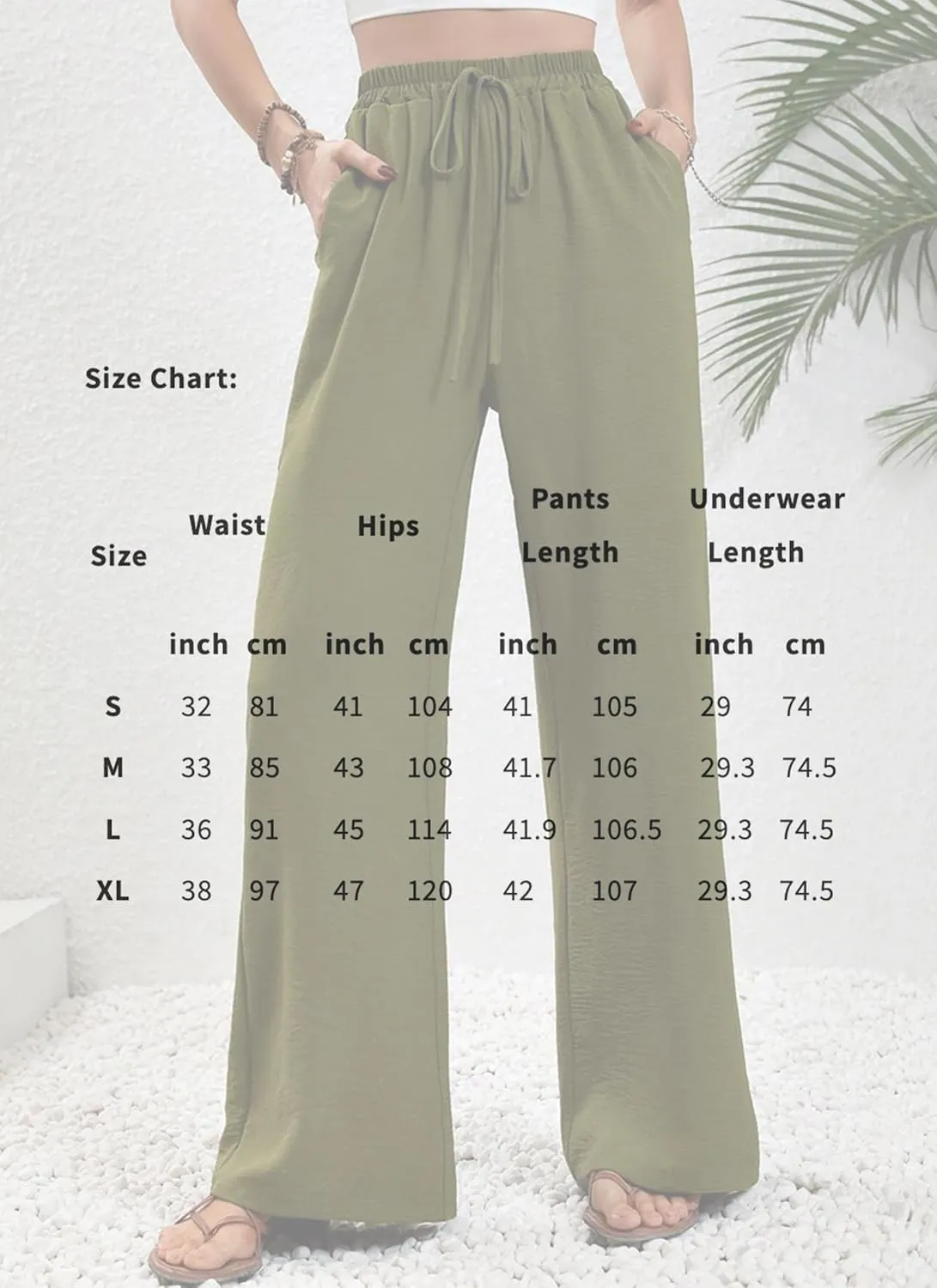 Women's Army Green Wide Leg Pants High Waist Drawstring Loose Fit Long Trousers with Pockets Casual Summer Beachwear